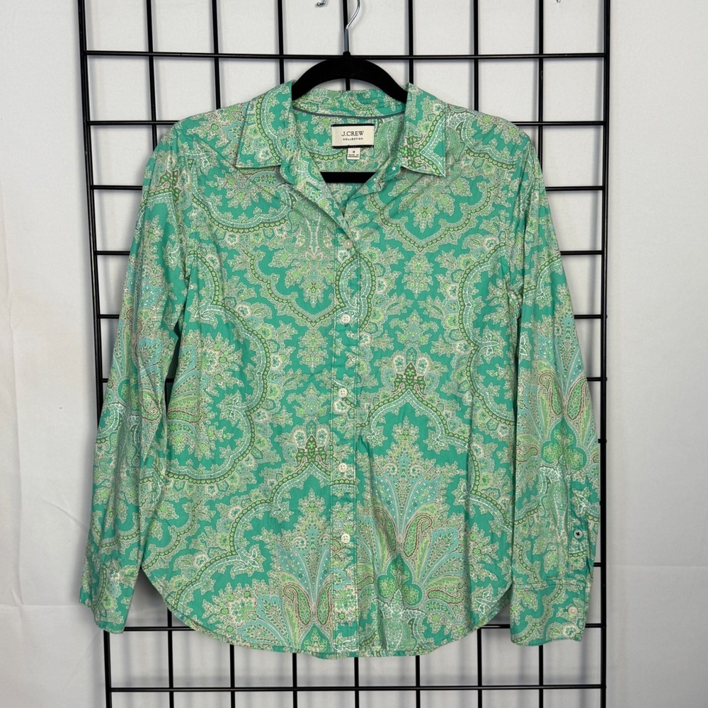 J.Crew Collection Poplin Button Down Shirt Womens 8 Green Paisley Cotton Preppy